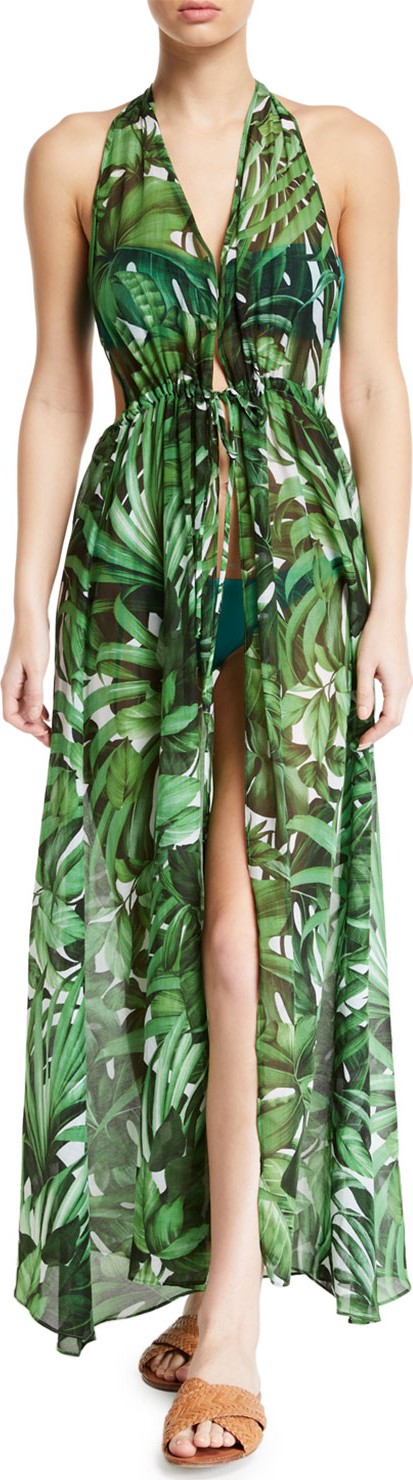 MILLY Katrina Leaf-Print Halter Coverup Maxi Dress