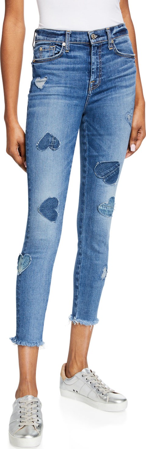 7 For All Mankind High-Rise Cropped Skinny Jeans w/ Heart Patches