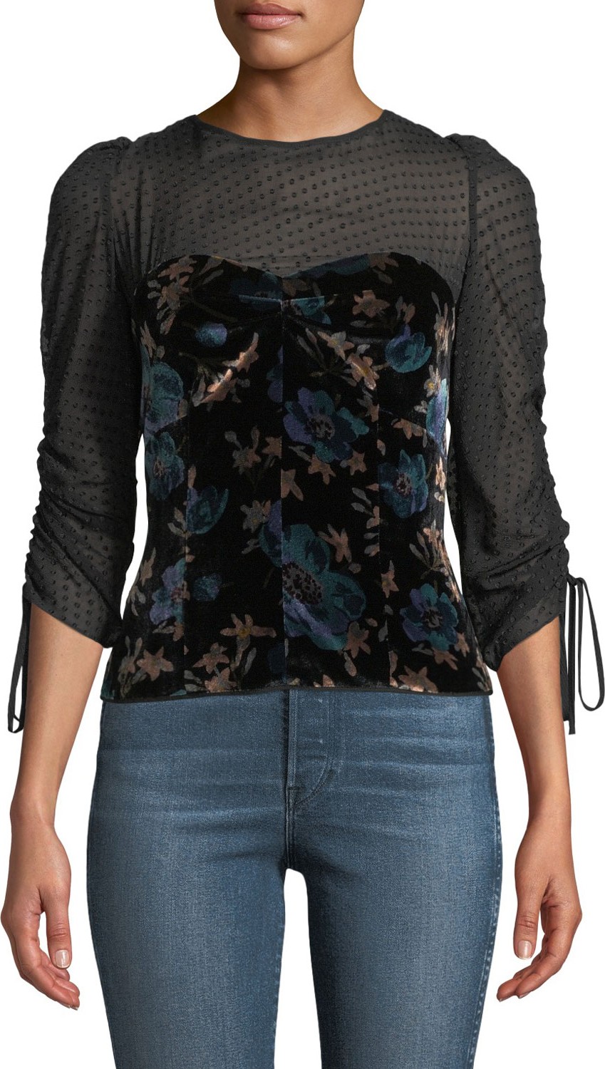 Rebecca Taylor Solstice Velvet Ruched-Sleeve Top