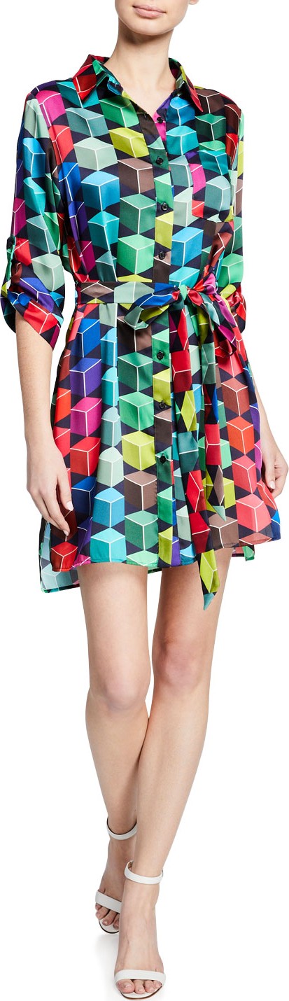 MILLY Button-Front 3/4-Sleeve Cube-Print Mini Shirtdress