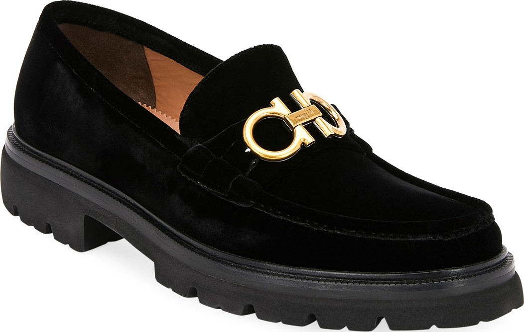Salvatore Ferragamo Men's Bleecker Lug-Sole Velvet Loafers with Reversible Bit