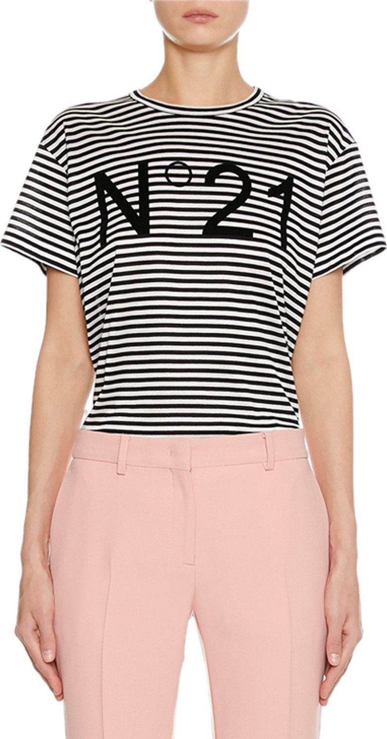 Nº21 Striped Crewneck Short-Sleeve Logo T-Shirt