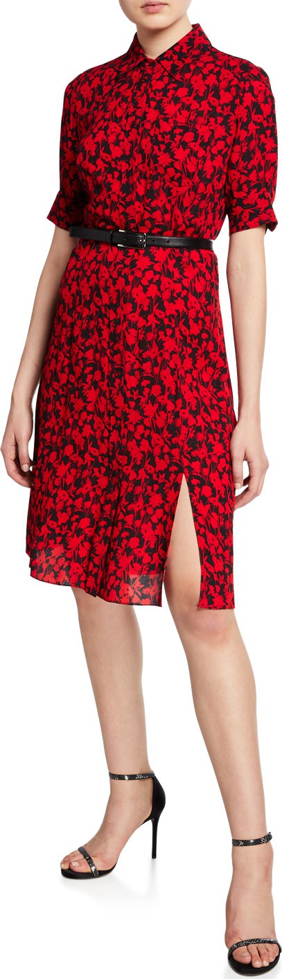 Elie Tahari Aisha Floral-Print Short-Sleeve Belted Dress