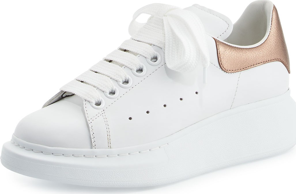 Alexander McQueen Leather Lace-Up Platform Sneakers, White/Rose Gold