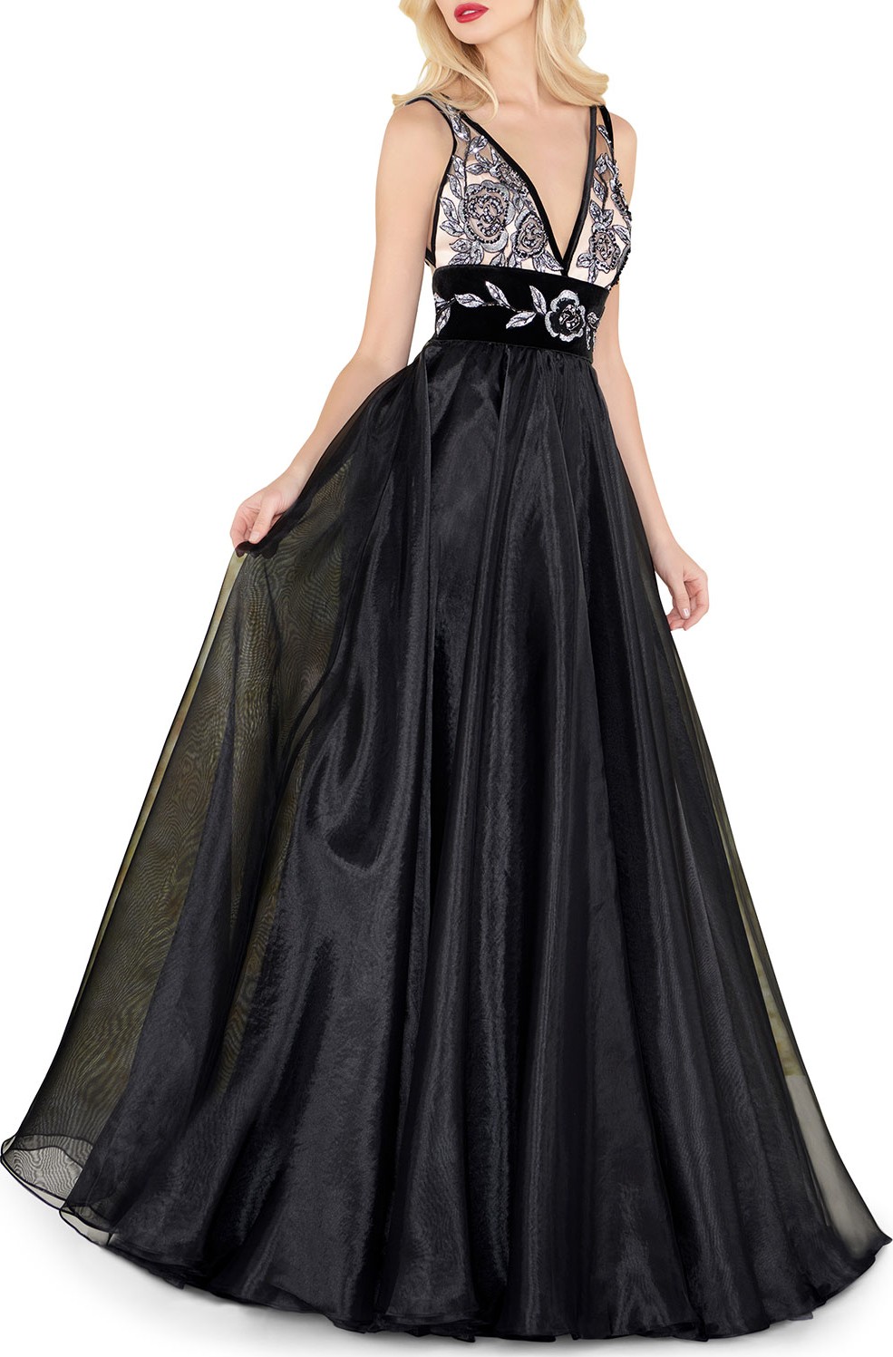 Mac Duggal V-Neck Sleeveless Organza & Velvet Ball Gown w/ Metallic Embroidery