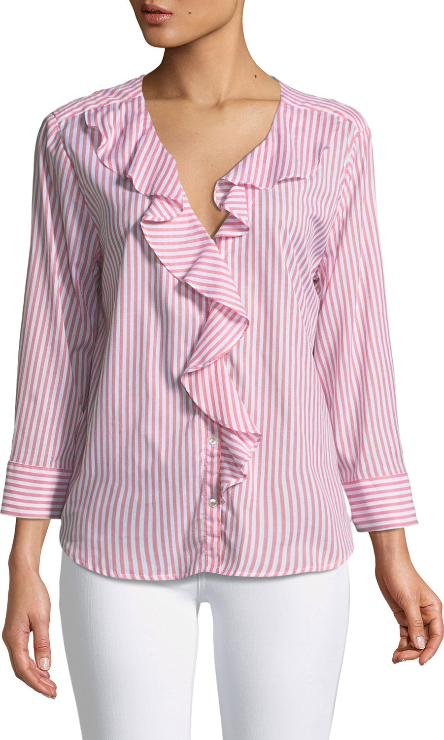 Velvet By Graham & Spencer Hama Striped Ruffle Button-Down Top