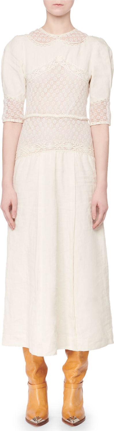 Isabel Marant Lydie Elbow-Sleeve Linen Lace A-Line Long Dress