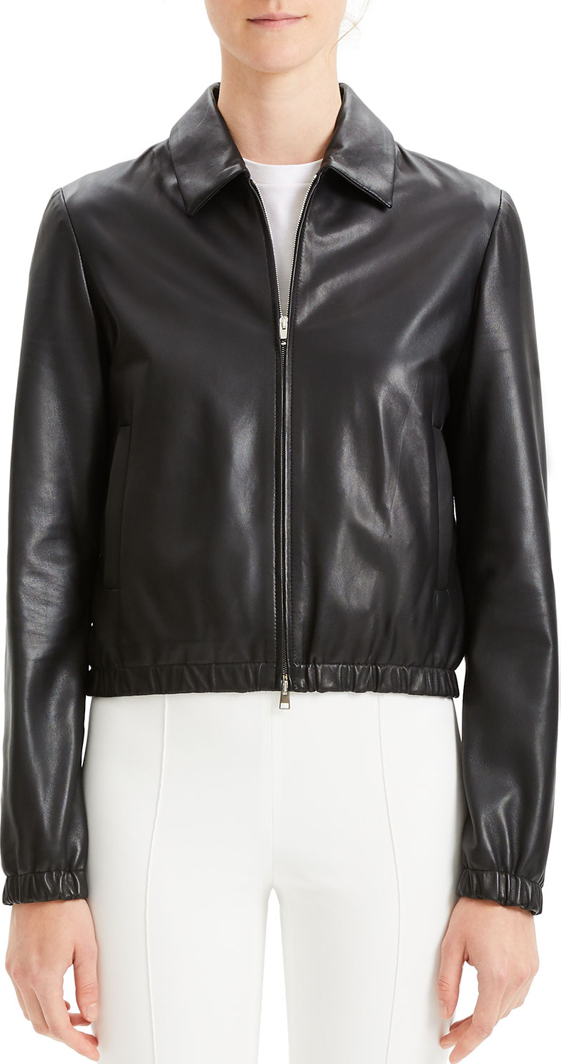 Theory Cropped Leather Zip-Front Bomber Jacket