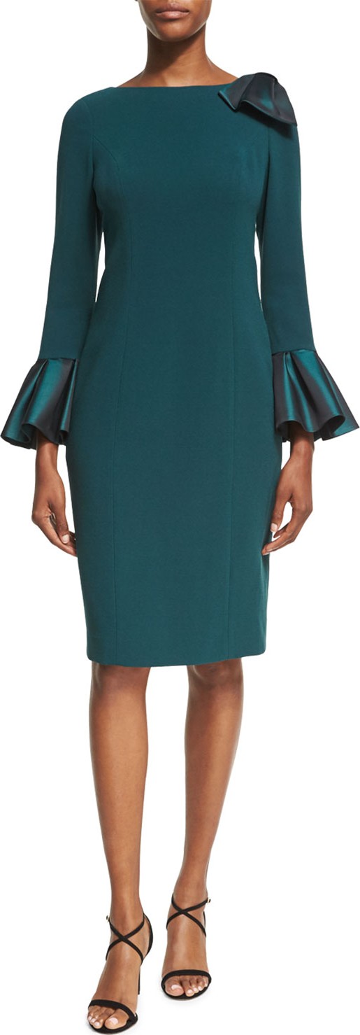 Rickie Freeman for Teri Jon Bell-Sleeve Crepe Sheath Dress