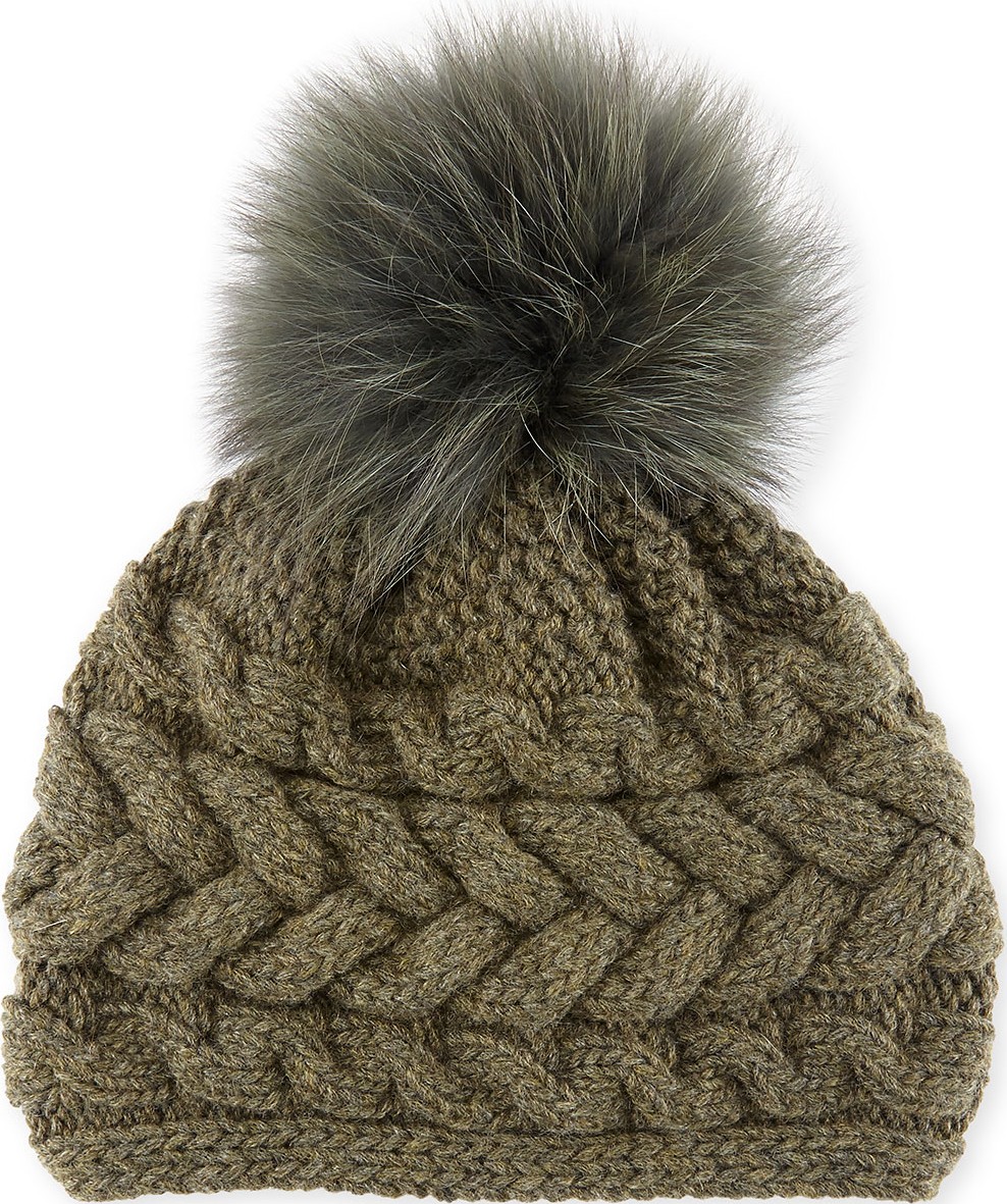 Inverni Cashmere Cable-Knit Beanie w/ Fur Pompom