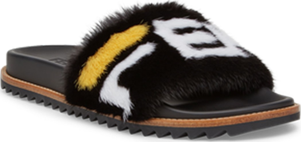 Fendi Men's Fendi Mania Logo-Print Mink Fur Slide Sandals