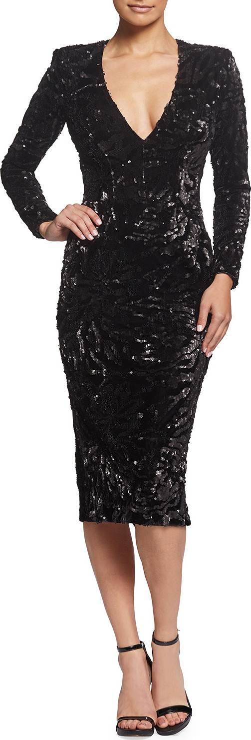 Dress the Population Elizabeth Sequin V-Neck Long-Sleeve Cocktail Dress