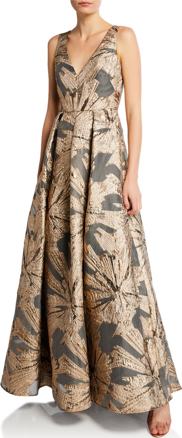 Aidan Mattox V-Neck Sleeveless Metallic Jacquard A-Line Gown