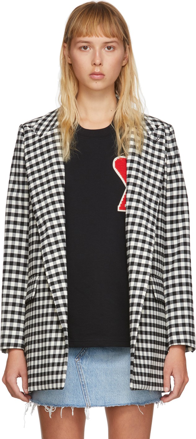 AMI Black & White Check Buttonless Long  Blazer