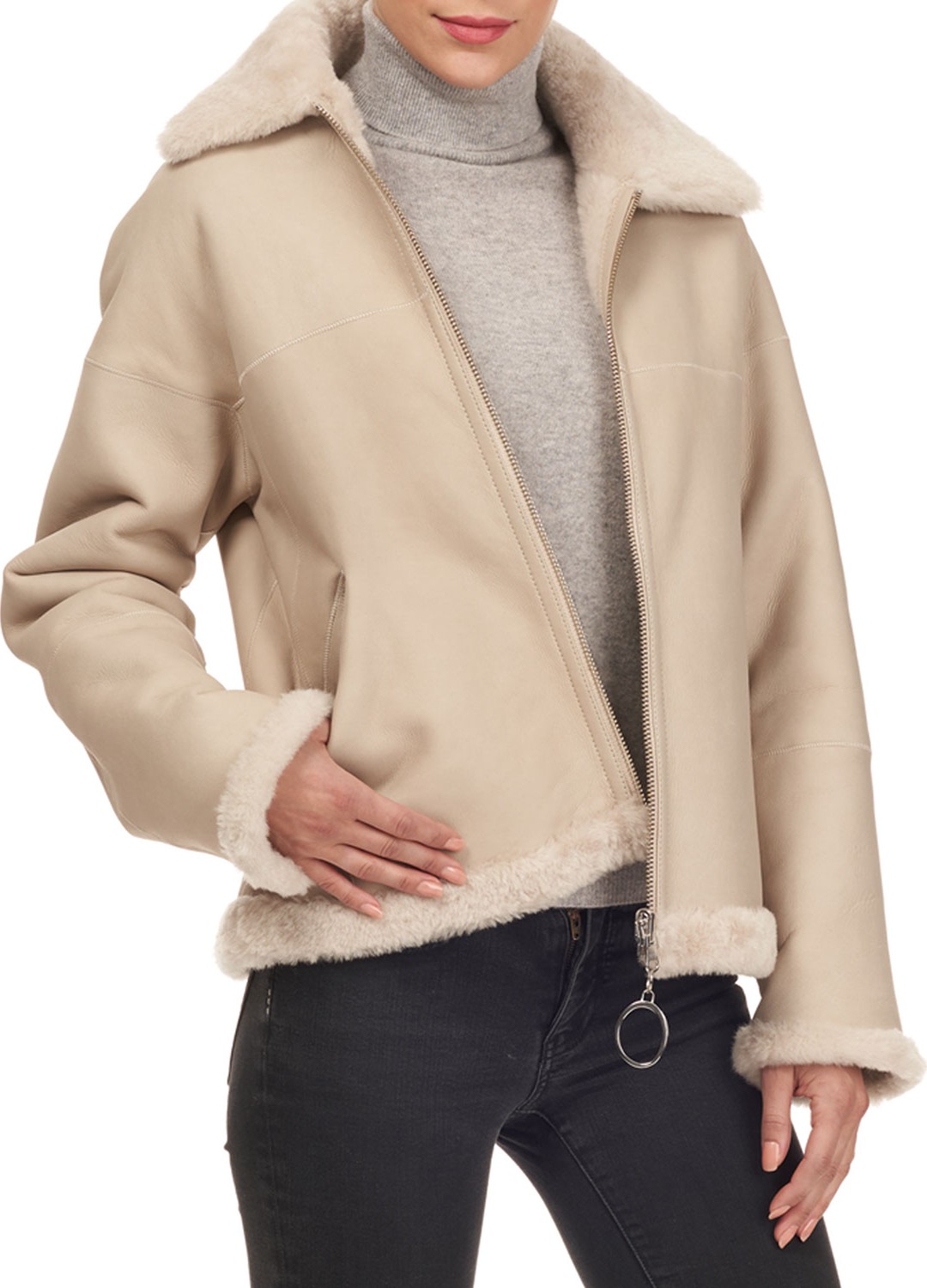 Christia Shearling Fur Zip-Front Jacket
