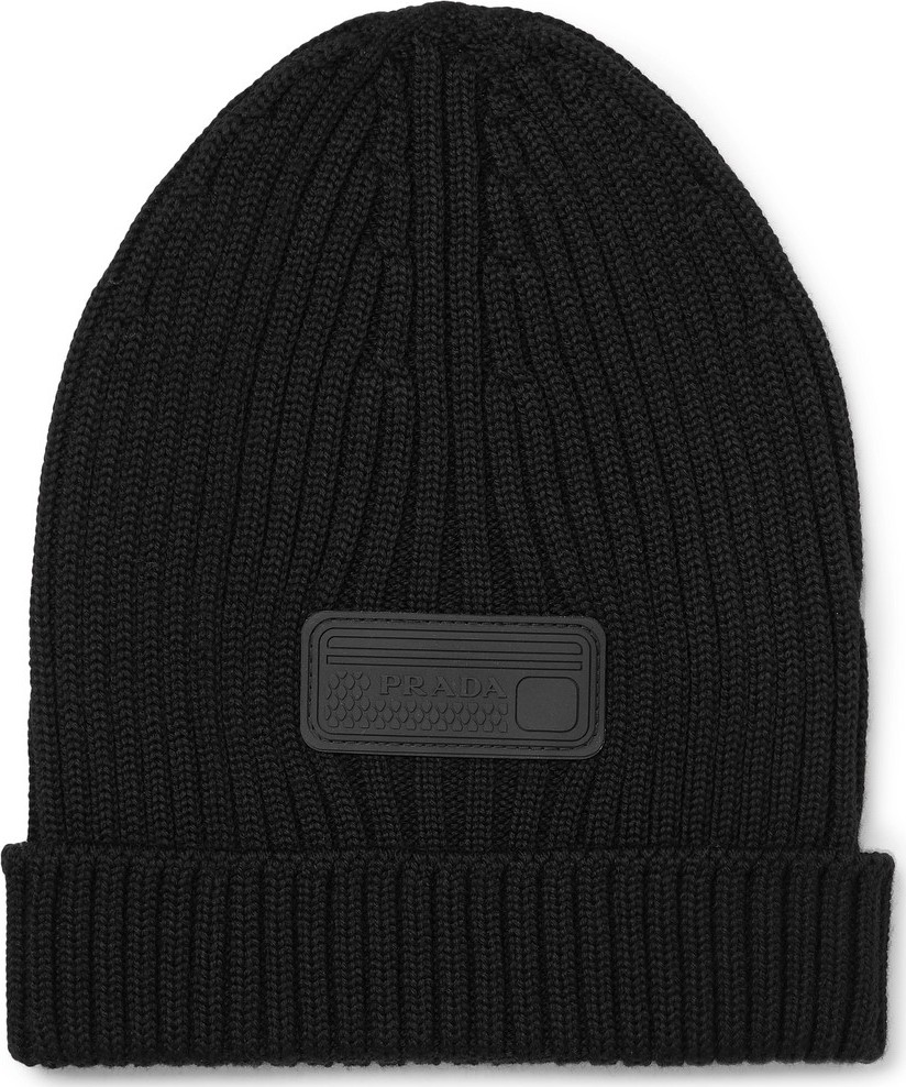 Prada Logo-Appliquéd Ribbed Virgin Wool Beanie