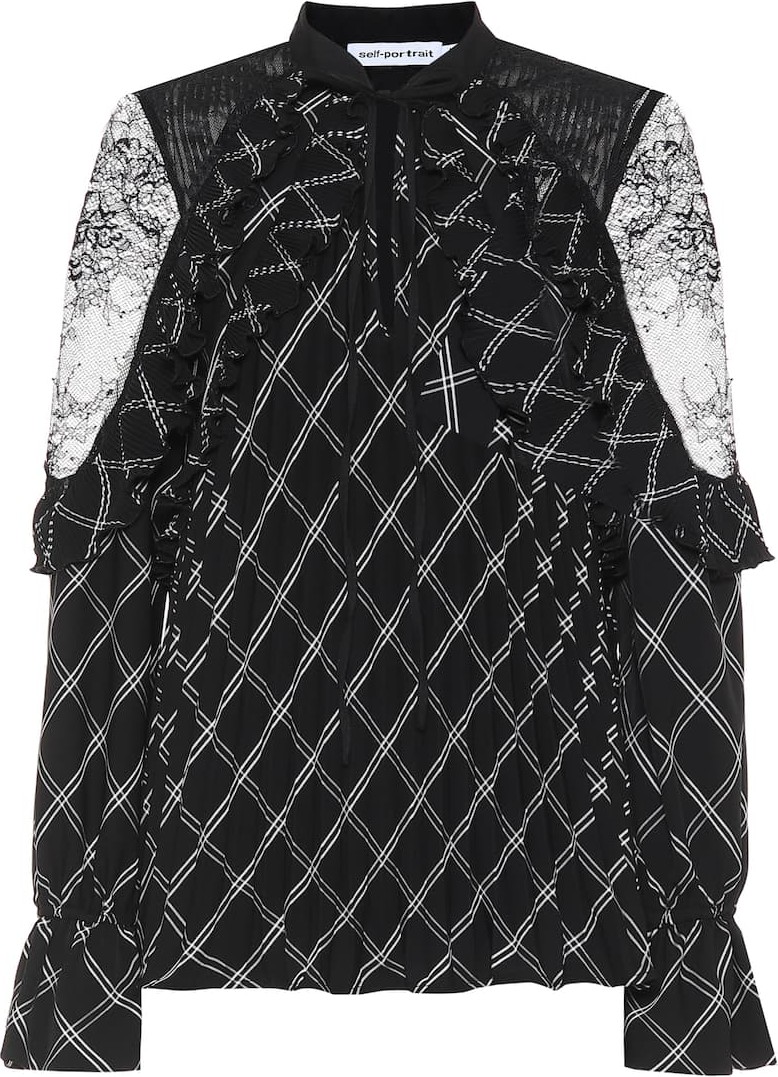 Self Portrait Lace-trimmed checked top