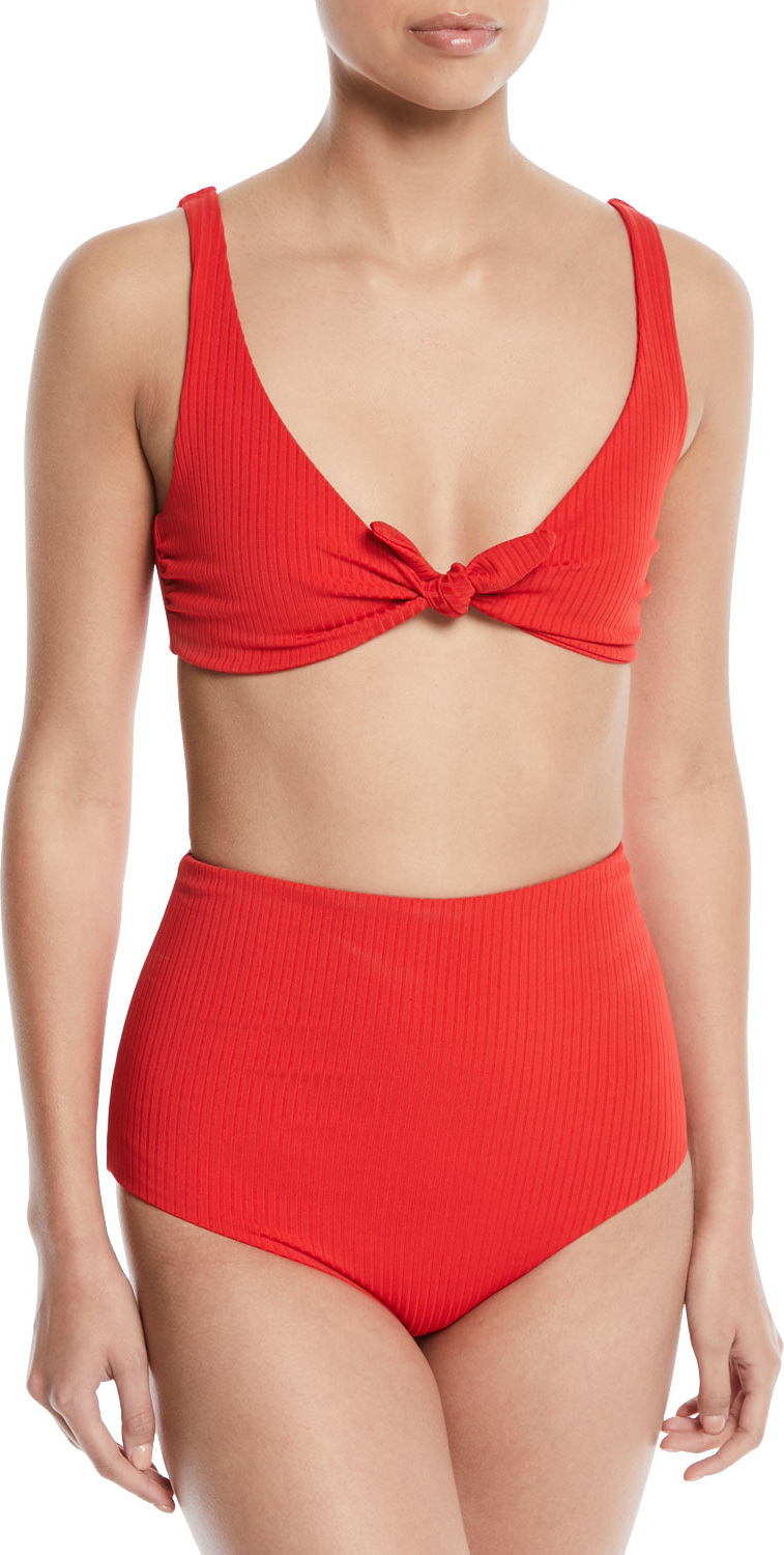 Mara Hoffman Rio Tie-Front Ribbed Swim Top - Red