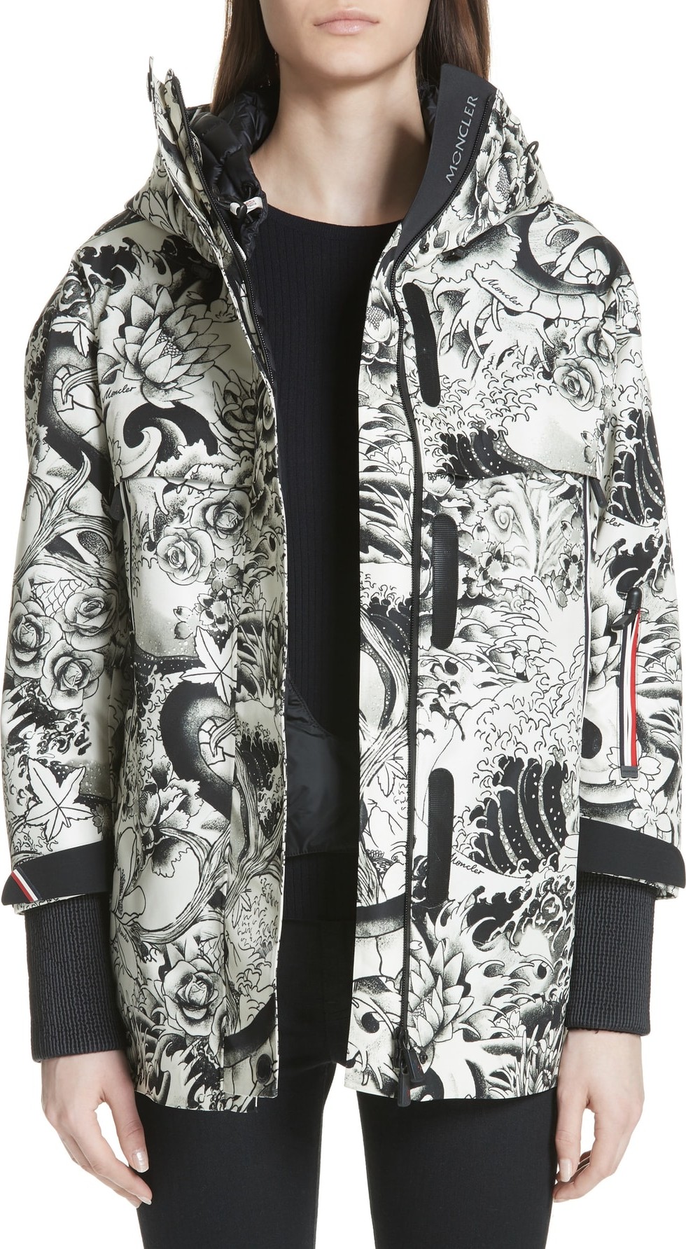 Moncler Neves Tattoo Print Hooded Down Coat