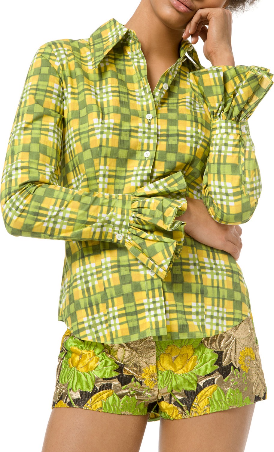 Michael Kors Collection Painterly Madras Poplin Crushed Bell-Sleeve Shirt