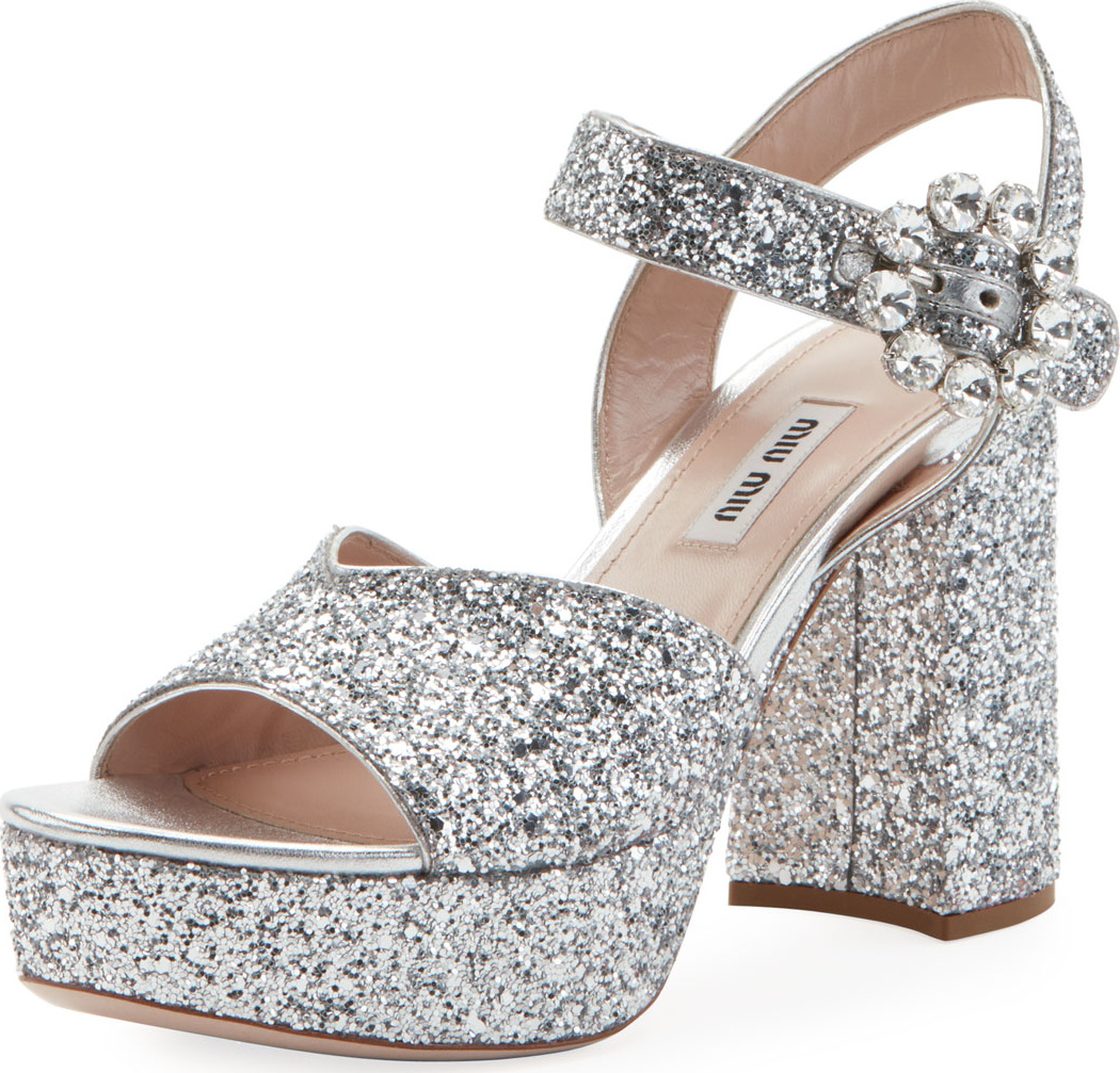 Miu Miu Glittered Platform Block-Heel Sandals