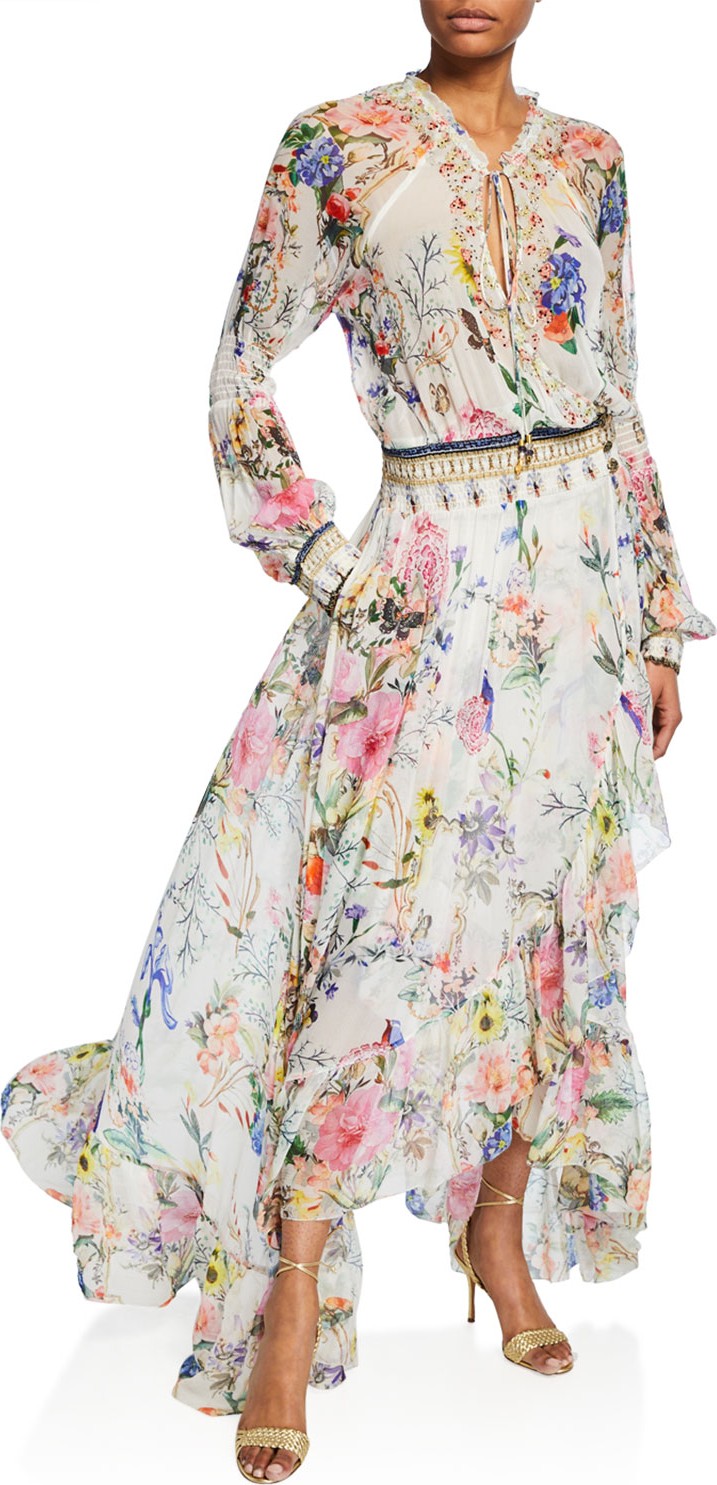 Camilla Blouson-Sleeve Printed Long Wrap Dress