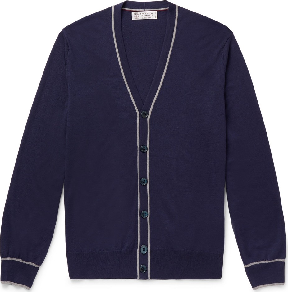 Brunello Cucinelli Contrast-Tipped Wool and Cashmere-Blend Cardigan