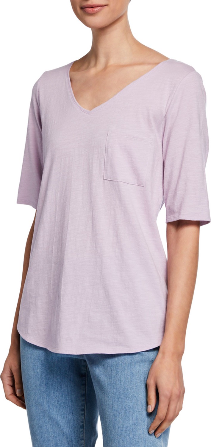 Eileen Fisher Organic Cotton V-Neck Elbow-Sleeve Slub Jersey Tee