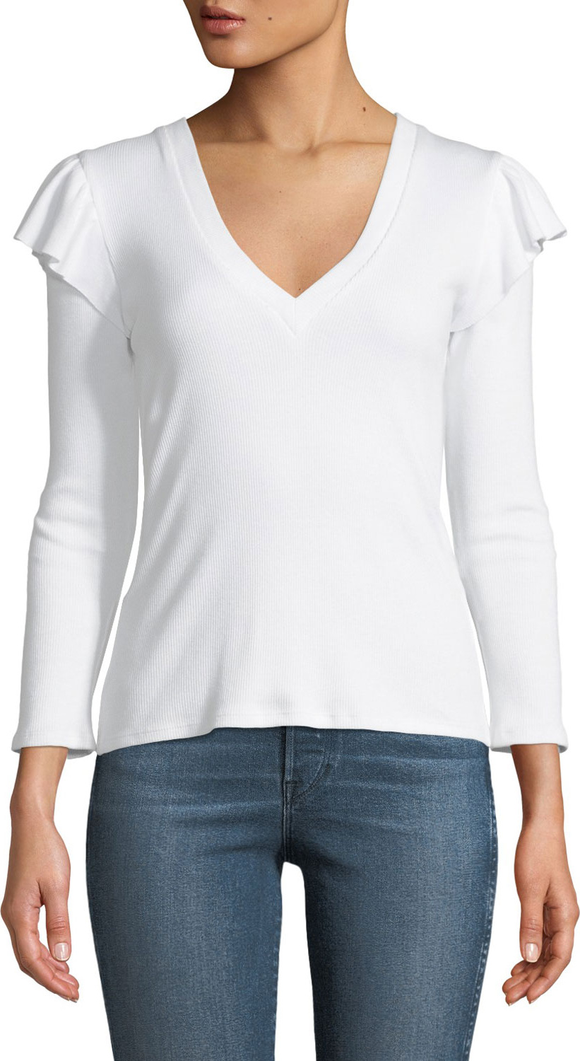 Veronica Beard Selene Ribbed Long-Sleeve Ruffle Top