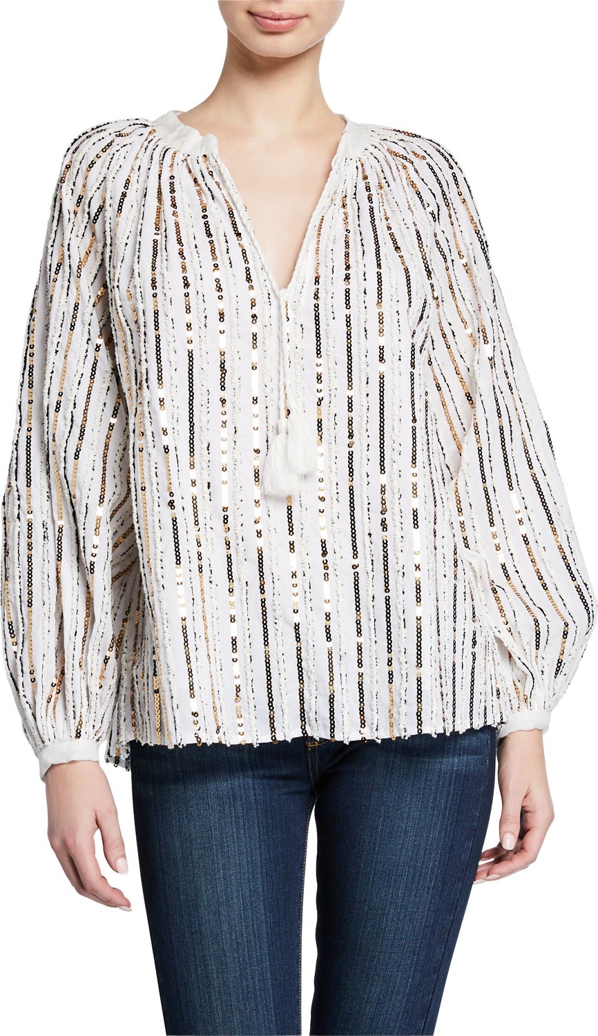 Johnny Was Eden Sequined Tassel-Neck Top