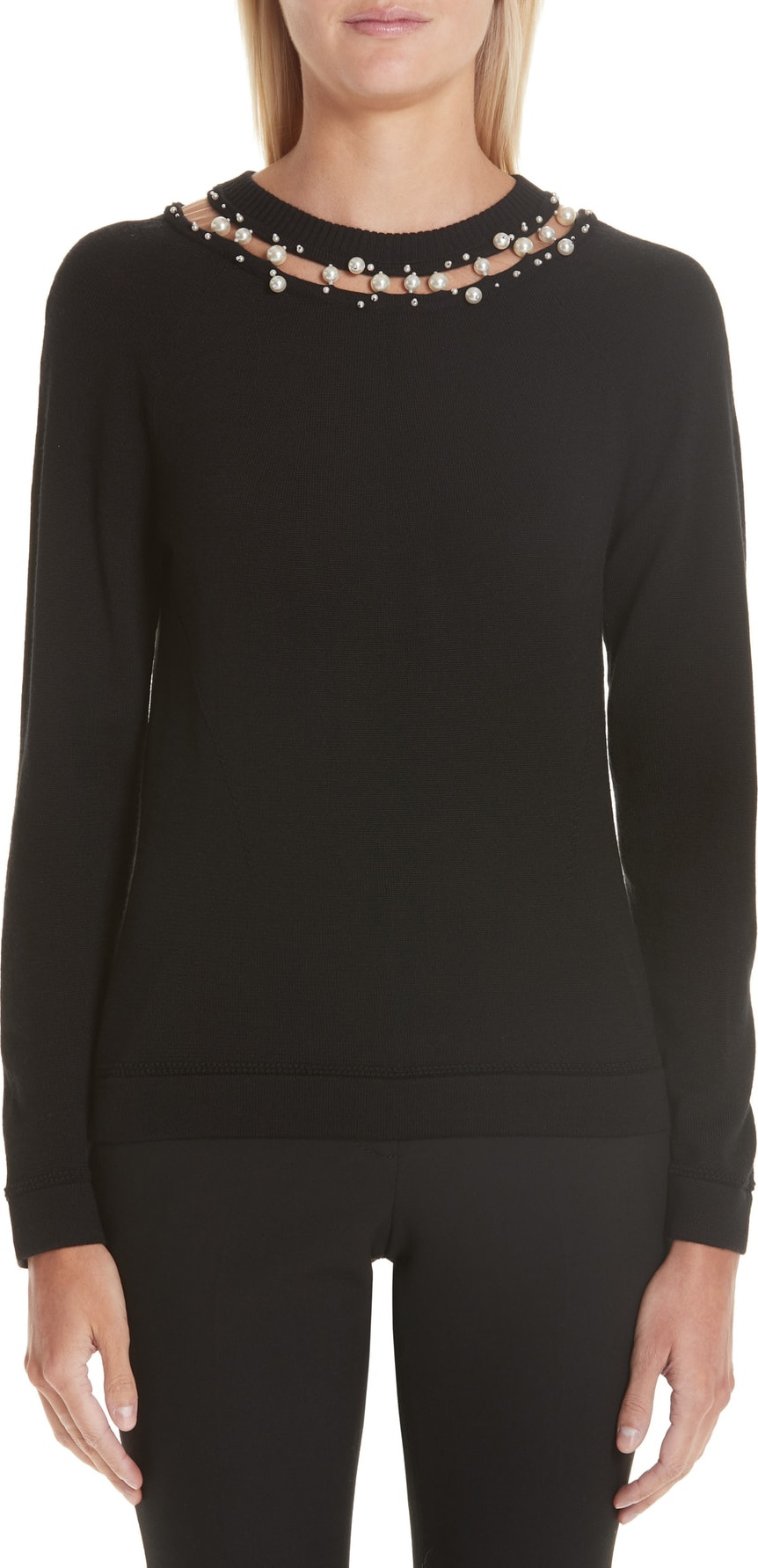 Oscar De La Renta Imitation Pearl Detail Wool & Silk Sweater