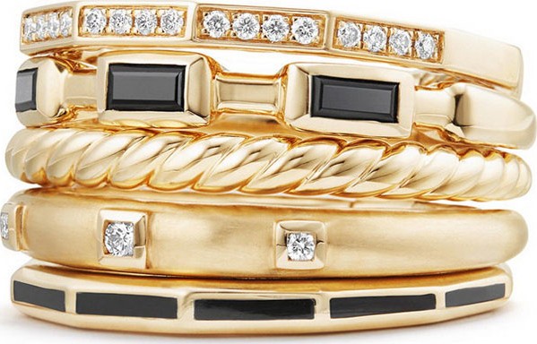 David Yurman 13mm Stax 18K Gold Five-Row Ring with Black Spinel & Diamonds, Size 8