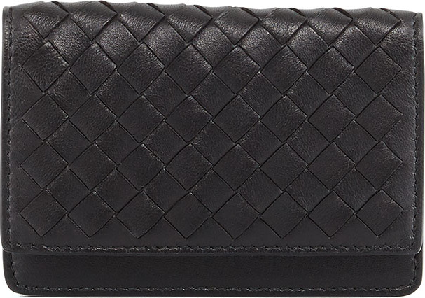 Bottega Veneta Woven Leather Flap-Style Credit Card Case, Black