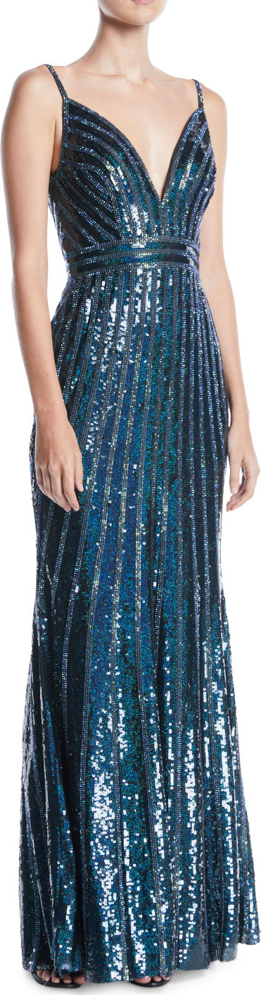 Jovani V-Neck Sleeveless Striped-Sequin Slip Evening Gown