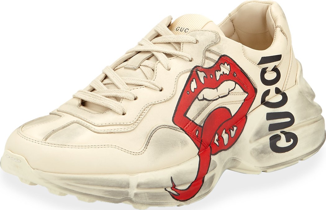 Gucci Men's Rhyton Leather Sneakers with Mouth Print