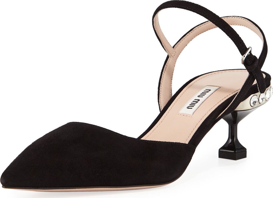 Miu Miu Suede Slingback Jeweled-Heel Pumps