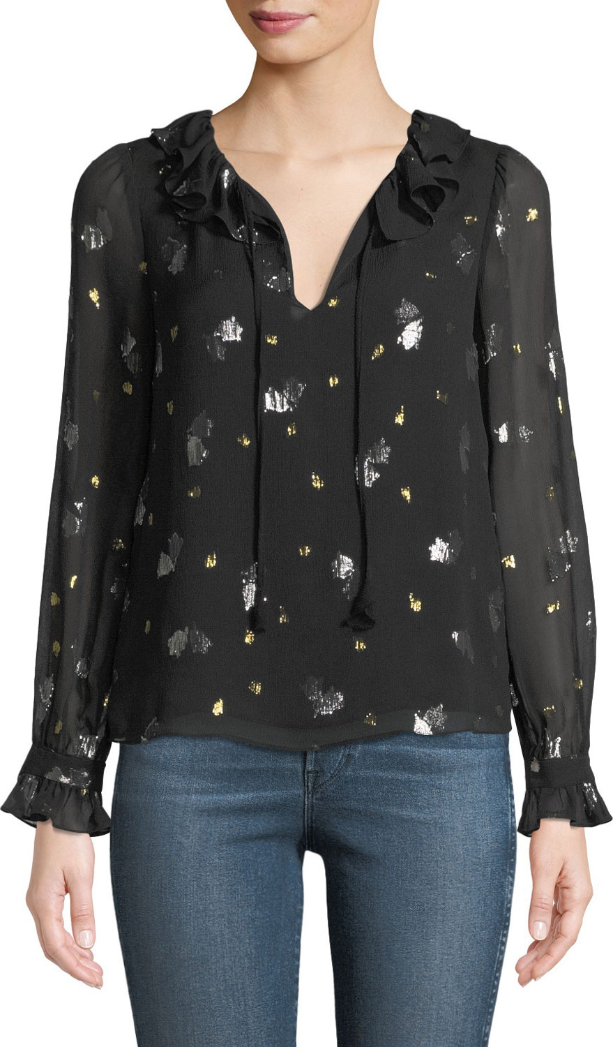 Rebecca Taylor Long-Sleeve Scattered Tulip Ruffle Top