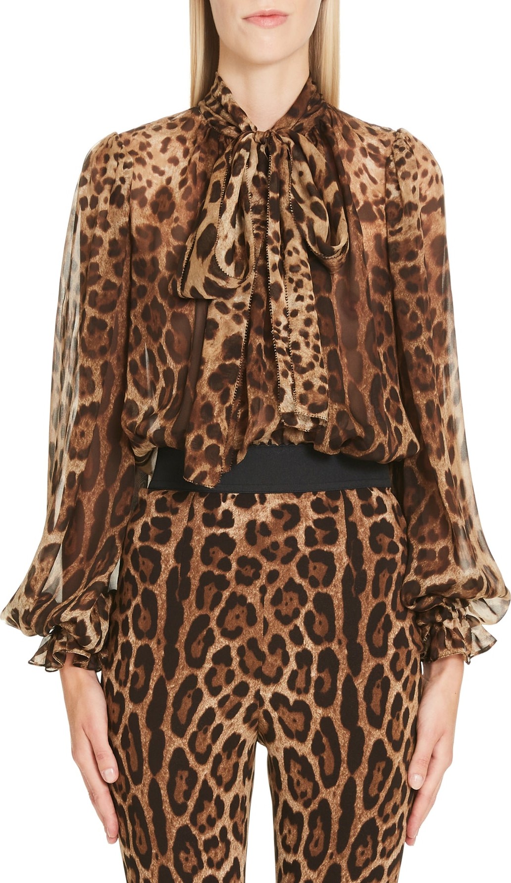 Dolce & Gabbana Leopard Print Tie Neck Silk Blouse