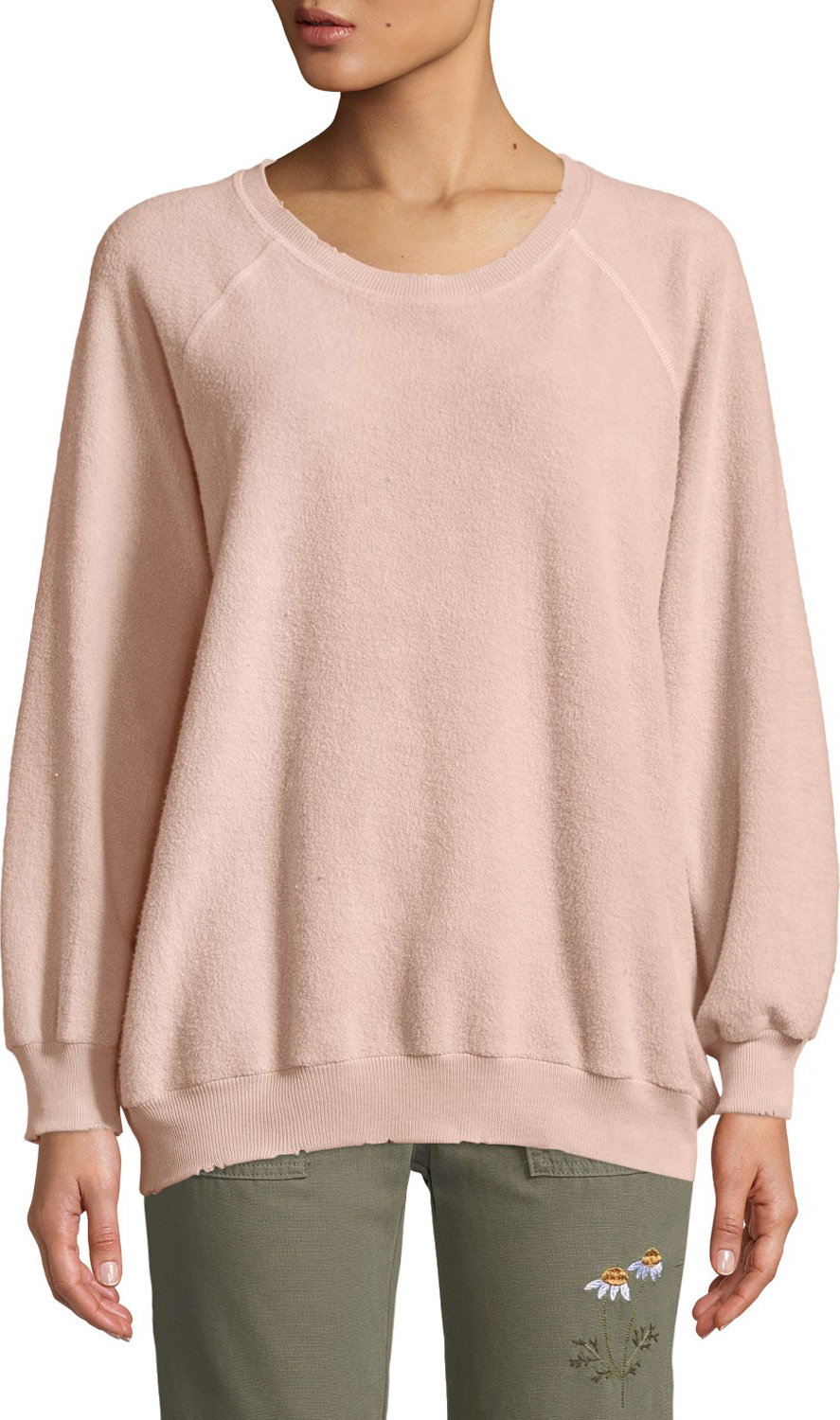 THE GREAT. The Bubble Crewneck Distressed Raglan Sweatshirt