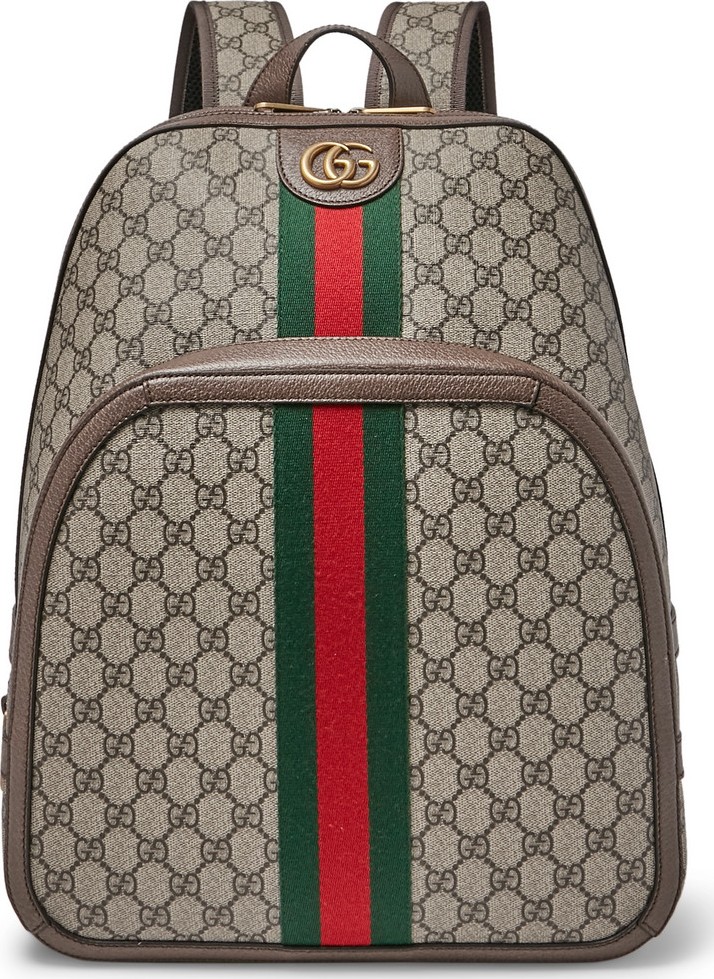 Gucci Leather and Webbing-Trimmed Monogrammed Coated-Canvas Backpack