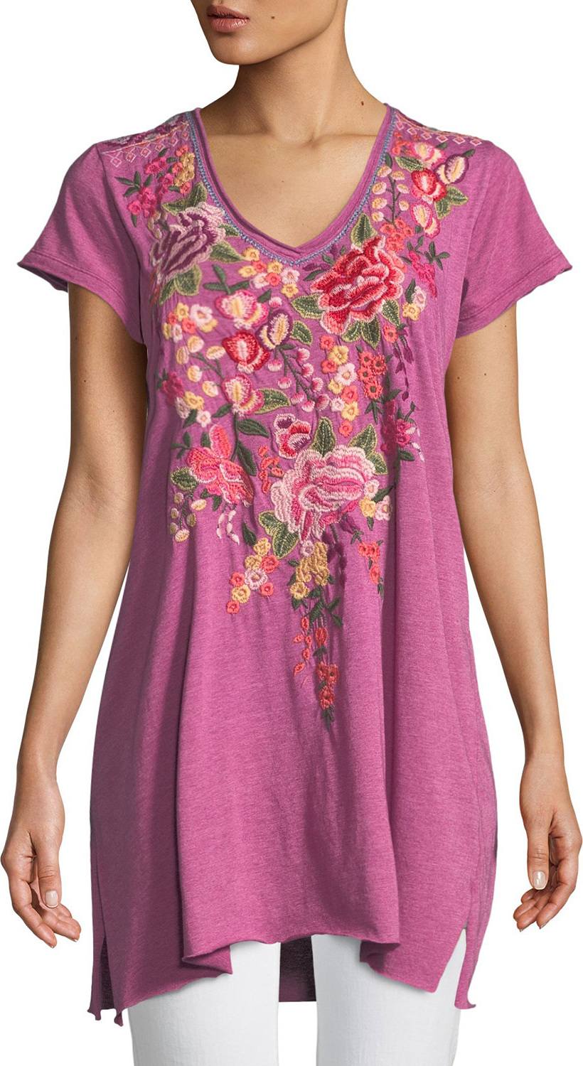 Johnny Was Adeline Short-Sleeve Draped Long V-Neck Tunic