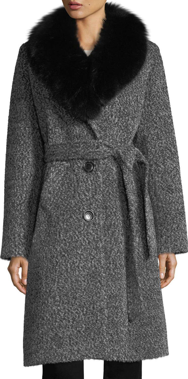 Sofia Cashmere Fox Shawl-Collar Belted Three-Button Alpaca Boucle Coat