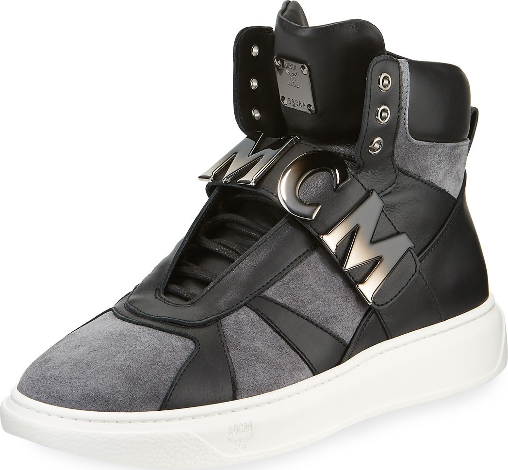 MCM Men's Logo-Strap High-Top Suede Sneakers