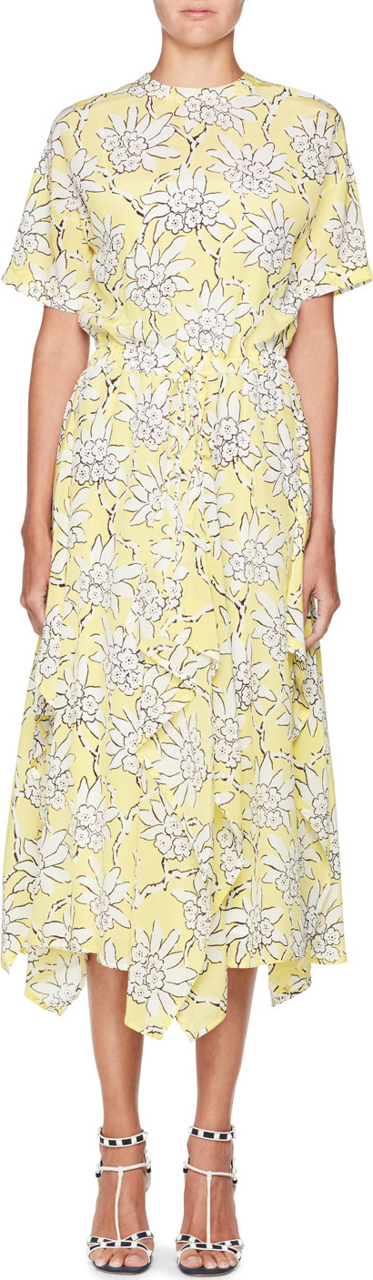 Valentino Floral-Print Short-Sleeve A-Line Midi Dress
