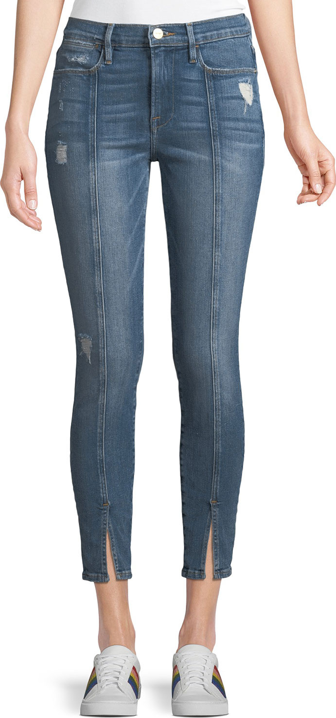 FRAME DENIM Le High Skinny Felt Split Distressed Cropped Jeans