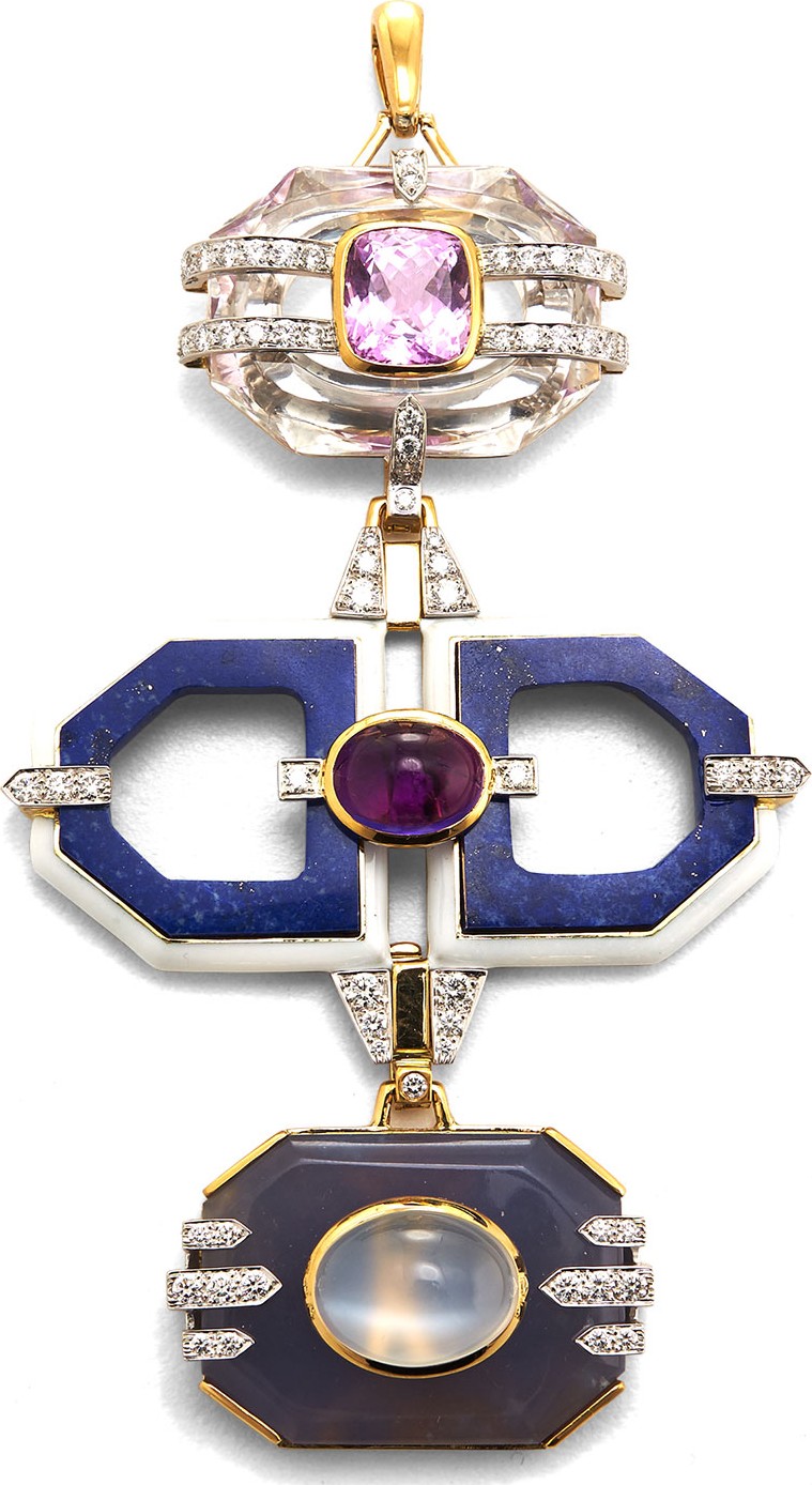 David Webb Totem Mixed-Stone 3-Drop Pendant