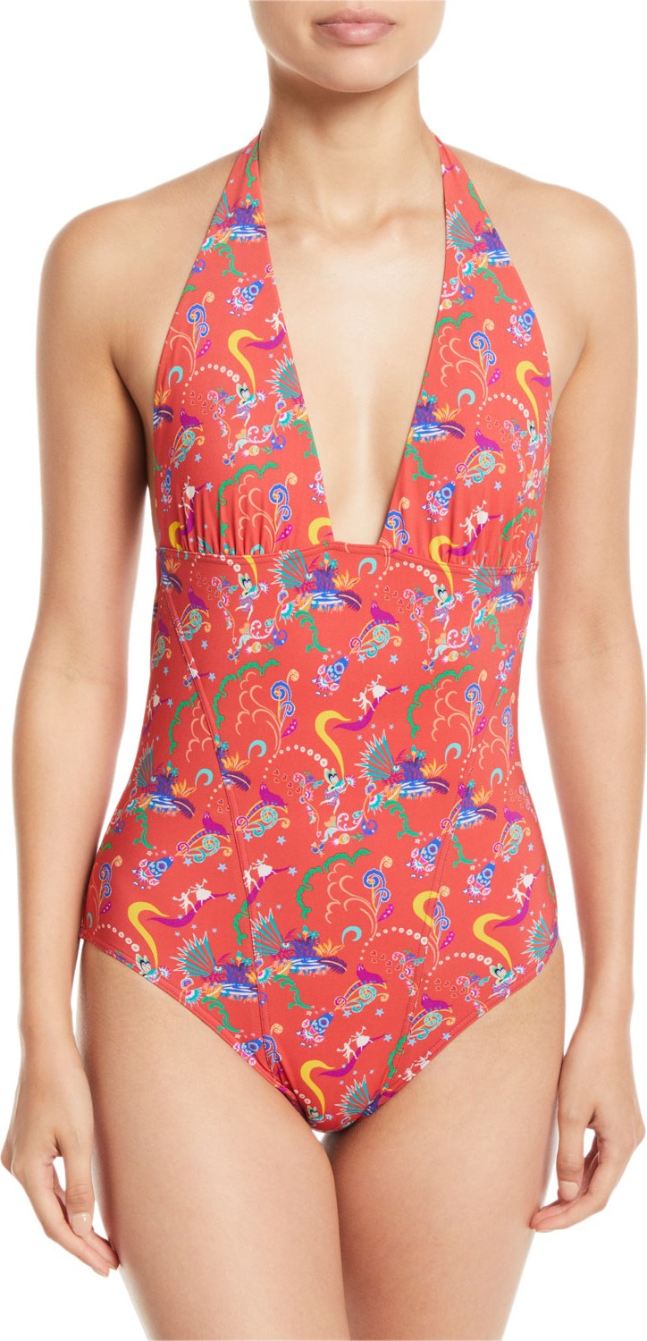 Etro Printed Plunging Halter One-Piece Swimsuit