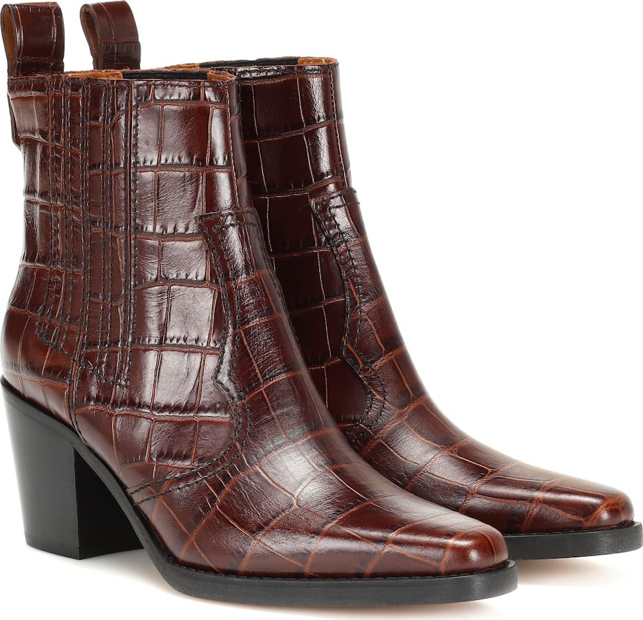 Ganni Croc-effect leather ankle boots