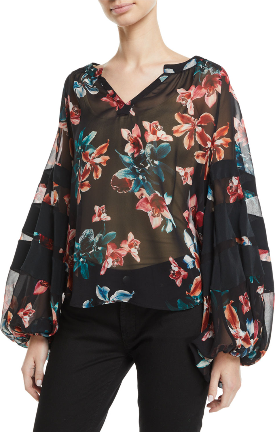 7 For All Mankind Paneled Floral Blouson-Sleeve Top