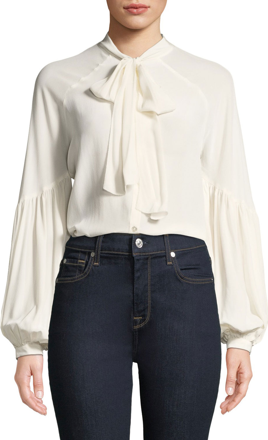 7 For All Mankind Silk Tie-Neck Blouson-Sleeve Top